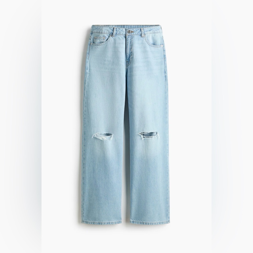 H&M Light Blue High-Rise Wide Leg Jeans with Knee Rips